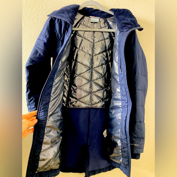 Columbia Navy Blue Mid thigh length Puffer Jacket lightweight contoured fit XS - Picture 9 of 14